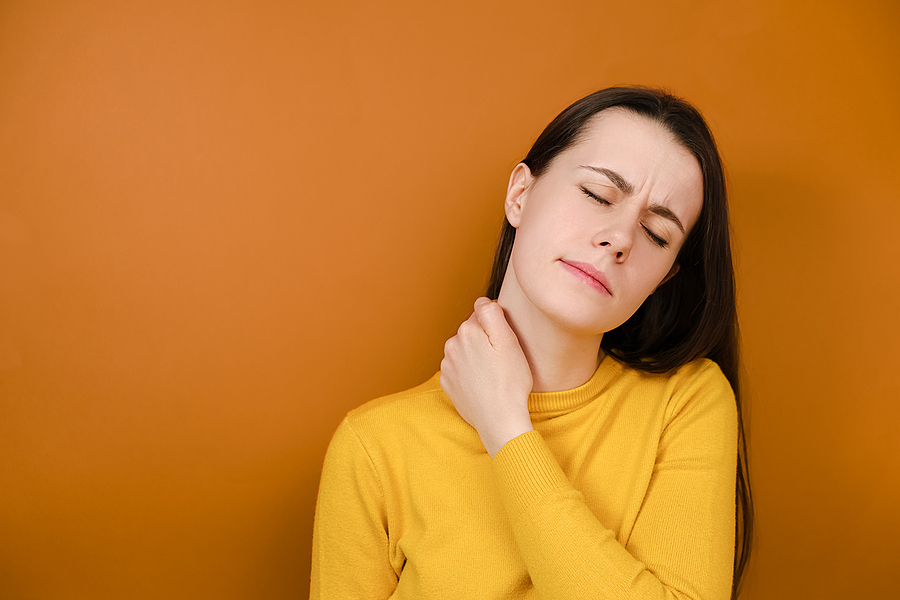 Displeased Young Woman Feeling Stiff Sore Neck Pain Concept